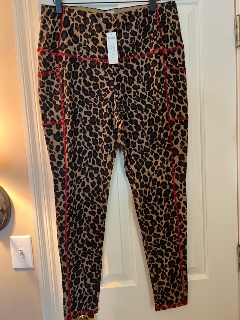 Chico's Animal Print Leggings with Red Stitch Detail Size 2 NWT